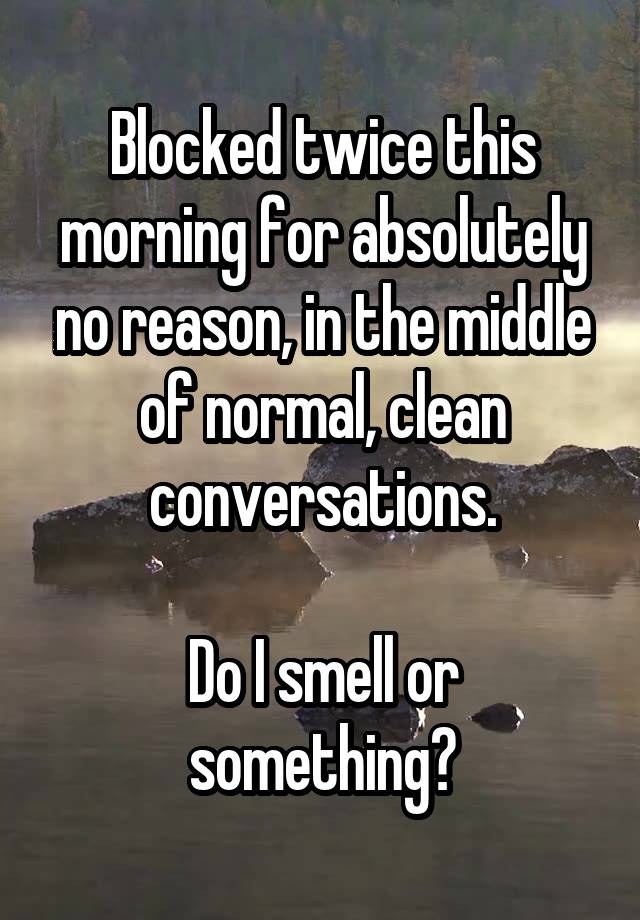 Blocked twice this morning for absolutely no reason, in the middle of normal, clean conversations.

Do I smell or something?