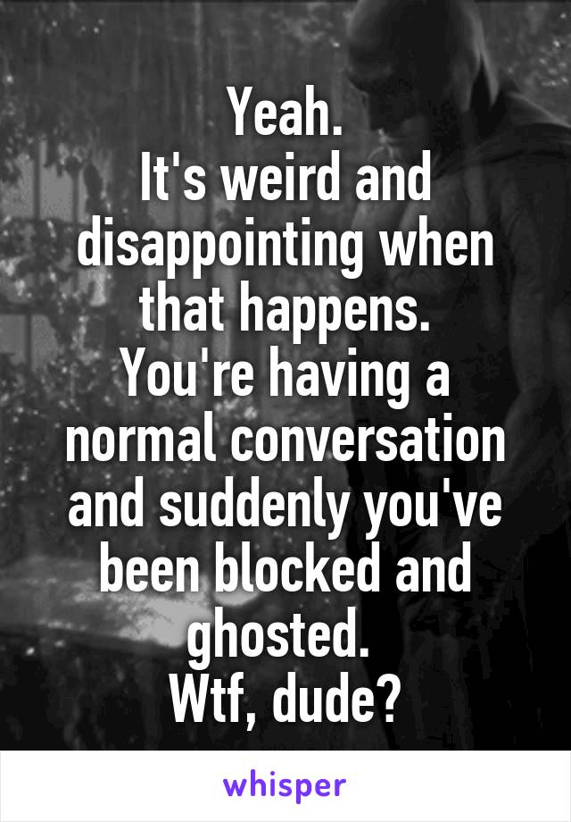 Yeah.
It's weird and disappointing when that happens.
You're having a normal conversation and suddenly you've been blocked and ghosted. 
Wtf, dude?