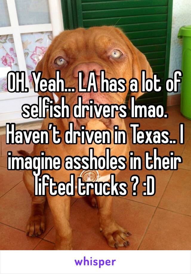 OH. Yeah... LA has a lot of selfish drivers lmao.
Haven’t driven in Texas.. I imagine assholes in their lifted trucks ? :D 