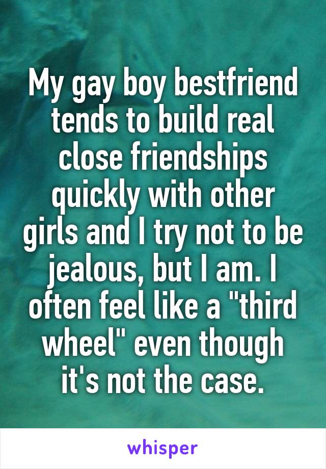 My gay boy bestfriend tends to build real close friendships quickly with other girls and I try not to be jealous, but I am. I often feel like a "third wheel" even though it's not the case.