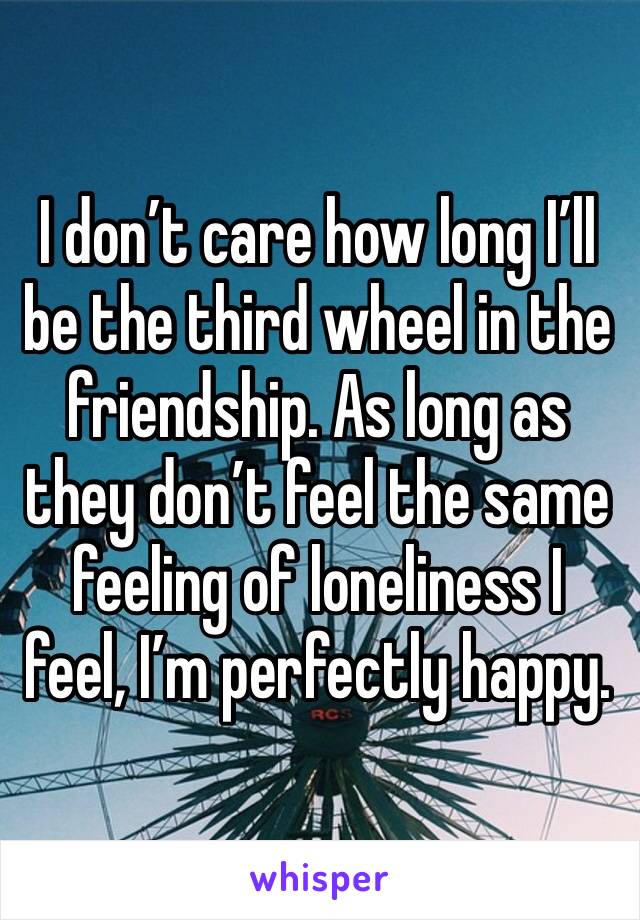 I don’t care how long I’ll be the third wheel in the friendship. As long as they don’t feel the same feeling of loneliness I feel, I’m perfectly happy.