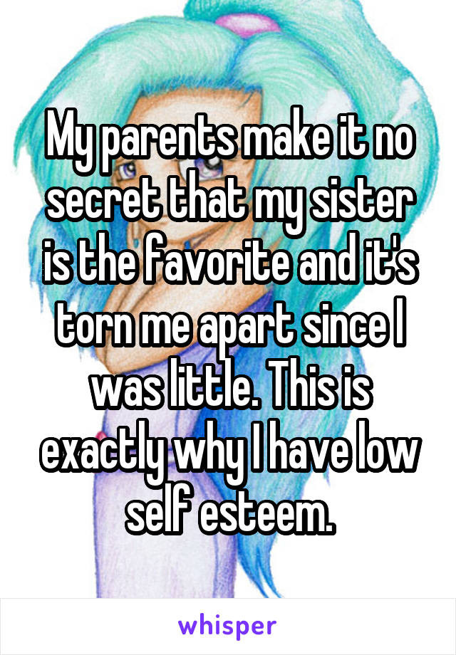 My parents make it no secret that my sister is the favorite and it's torn me apart since I was little. This is exactly why I have low self esteem.