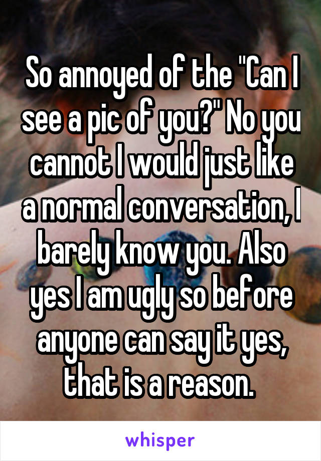 So annoyed of the "Can I see a pic of you?" No you cannot I would just like a normal conversation, I barely know you. Also yes I am ugly so before anyone can say it yes, that is a reason. 