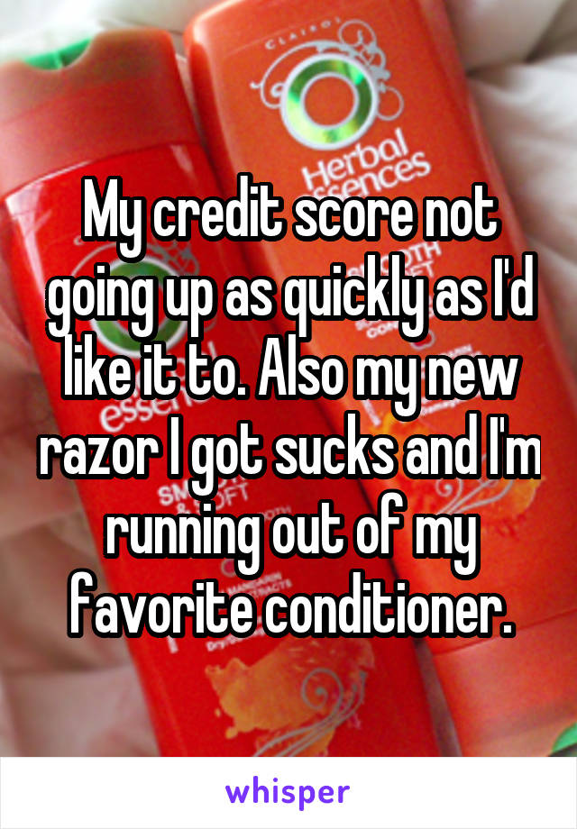 My credit score not going up as quickly as I'd like it to. Also my new razor I got sucks and I'm running out of my favorite conditioner.