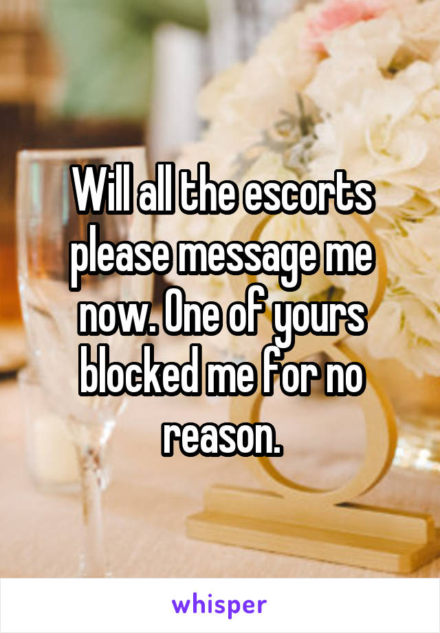 Will all the escorts please message me now. One of yours blocked me for no reason.