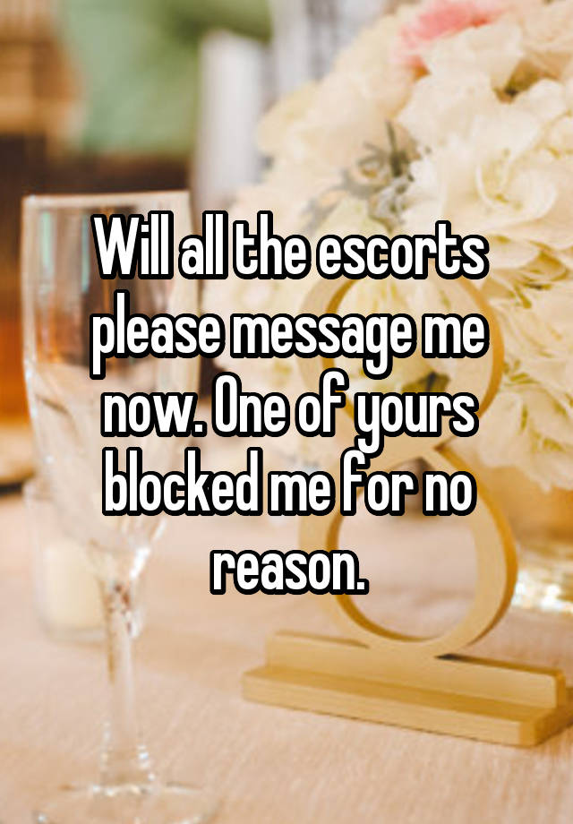 Will all the escorts please message me now. One of yours blocked me for no reason.