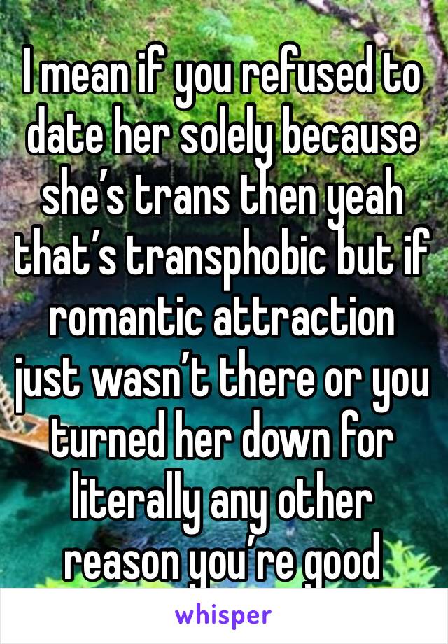 I mean if you refused to date her solely because she’s trans then yeah that’s transphobic but if romantic attraction just wasn’t there or you turned her down for literally any other reason you’re good
