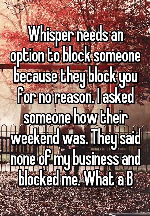 Whisper needs an option to block someone because they block you for no reason. I asked someone how their weekend was. They said none of my business and blocked me. What a B