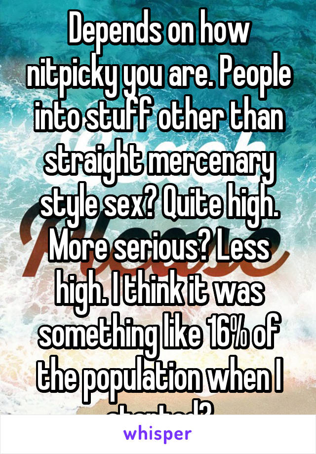 Depends on how nitpicky you are. People into stuff other than straight mercenary style sex? Quite high. More serious? Less high. I think it was something like 16% of the population when I started?