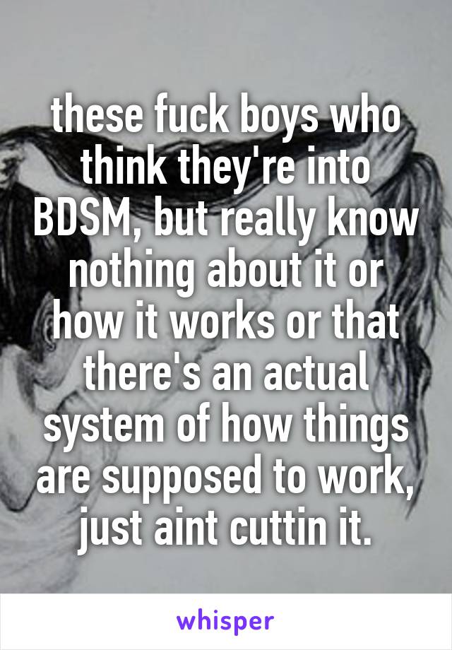 these fuck boys who think they're into BDSM, but really know nothing about it or how it works or that there's an actual system of how things are supposed to work, just aint cuttin it.