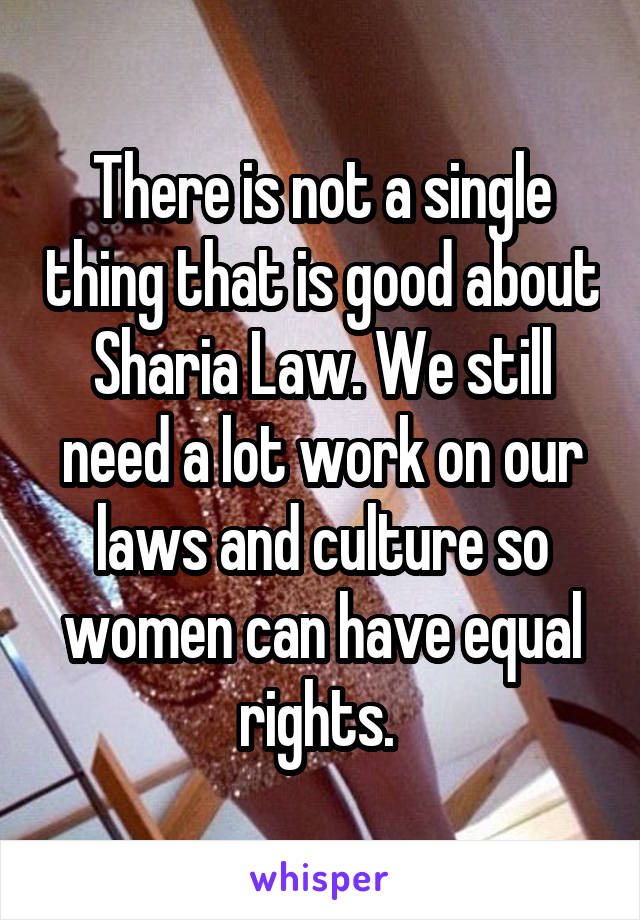 There is not a single thing that is good about Sharia Law. We still need a lot work on our laws and culture so women can have equal rights. 