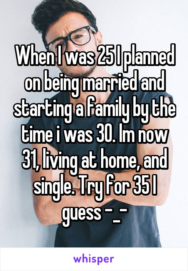 When I was 25 I planned on being married and starting a family by the time i was 30. Im now 31, living at home, and single. Try for 35 I guess -_-