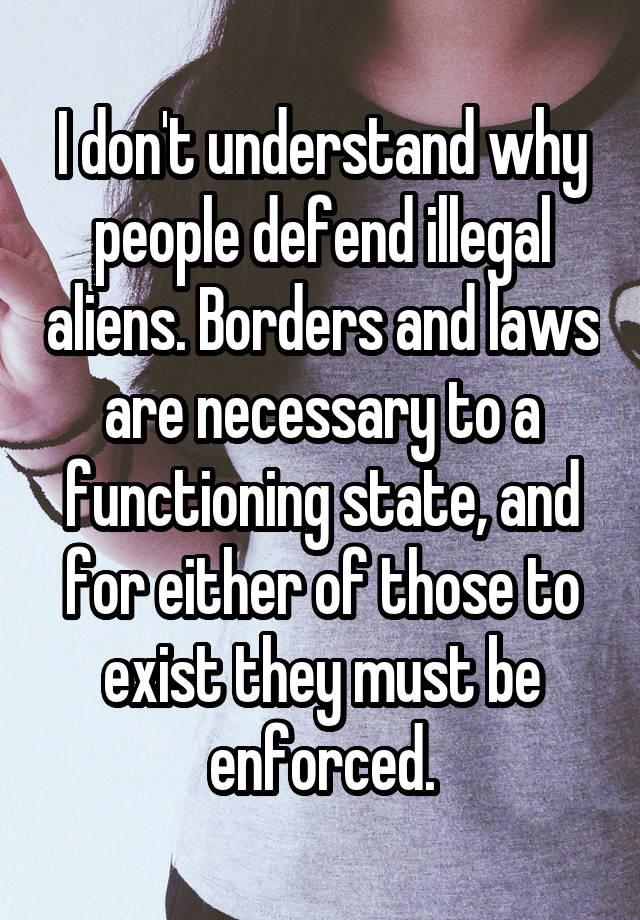 I don't understand why people defend illegal aliens. Borders and laws are necessary to a functioning state, and for either of those to exist they must be enforced.