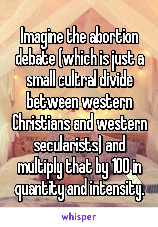 Imagine the abortion debate (which is just a small cultral divide between western Christians and western secularists) and multiply that by 100 in quantity and intensity.