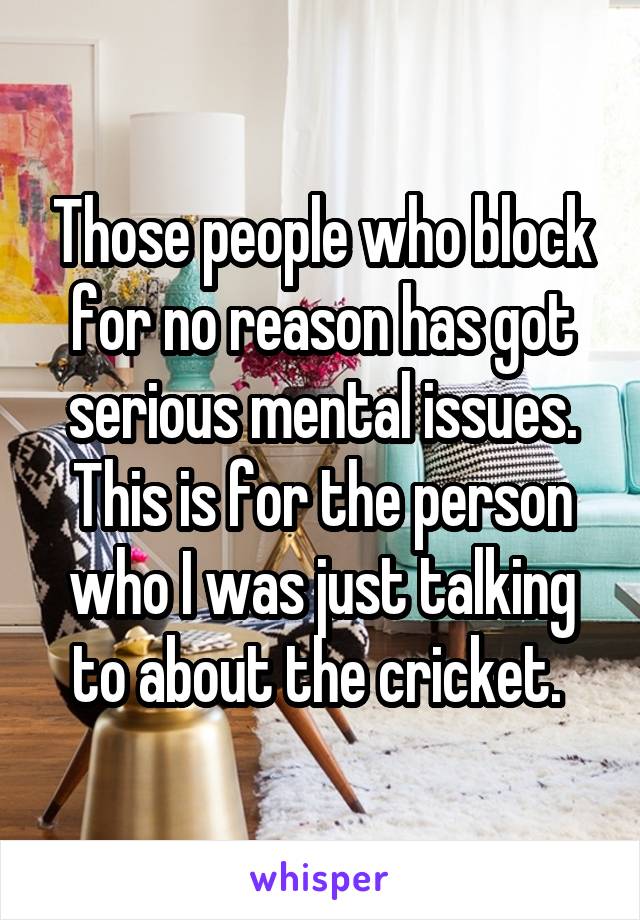 Those people who block for no reason has got serious mental issues. This is for the person who I was just talking to about the cricket. 