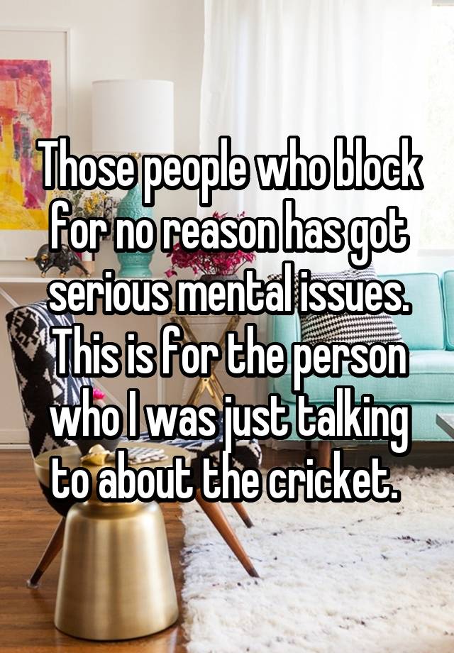 Those people who block for no reason has got serious mental issues. This is for the person who I was just talking to about the cricket. 