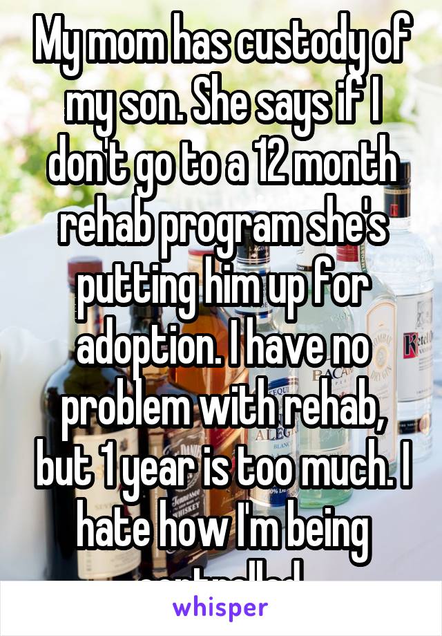 My mom has custody of my son. She says if I don't go to a 12 month rehab program she's putting him up for adoption. I have no problem with rehab, but 1 year is too much. I hate how I'm being controlled.