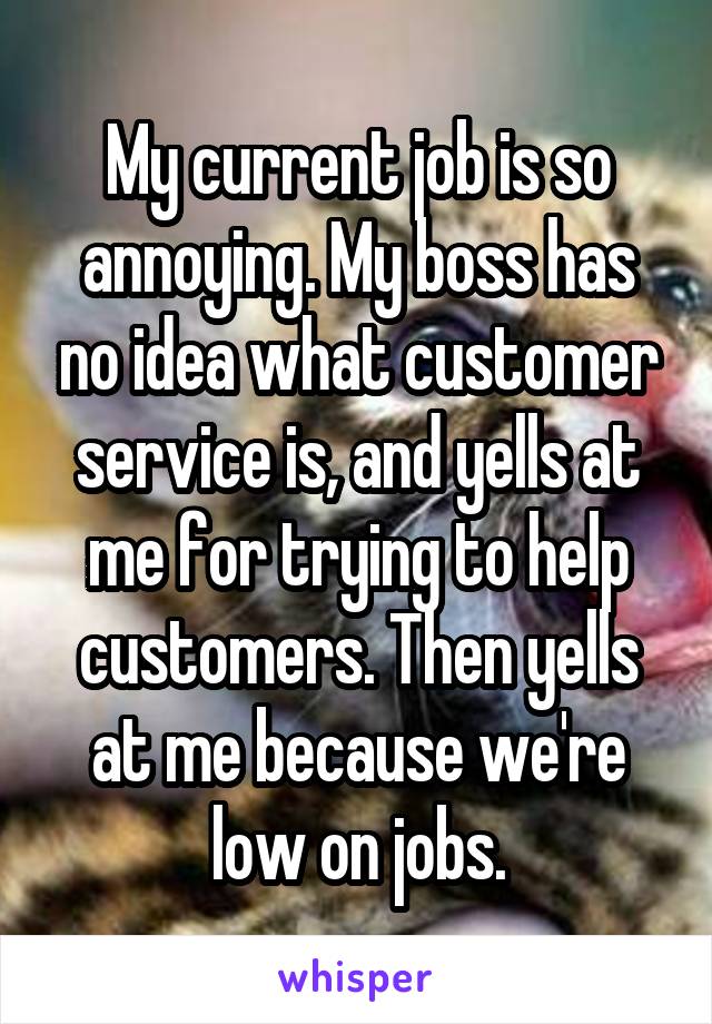 My current job is so annoying. My boss has no idea what customer service is, and yells at me for trying to help customers. Then yells at me because we're low on jobs.