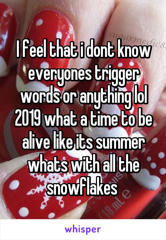 I feel that i dont know everyones trigger words or anything lol 2019 what a time to be alive like its summer whats with all the snowflakes 