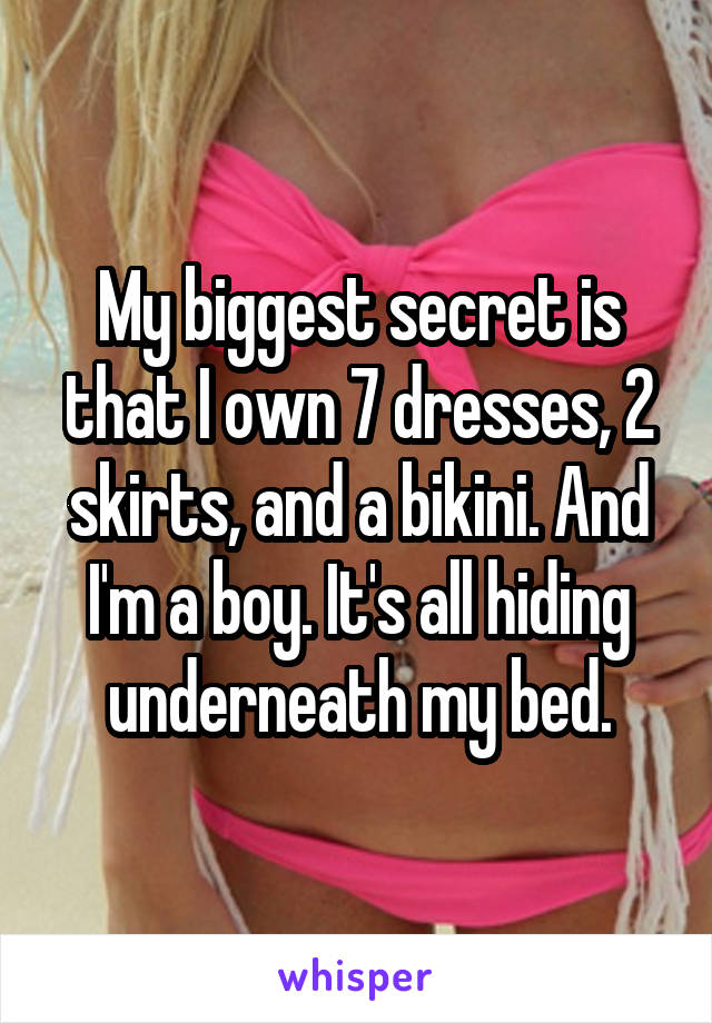 My biggest secret is that I own 7 dresses, 2 skirts, and a bikini. And I'm a boy. It's all hiding underneath my bed.