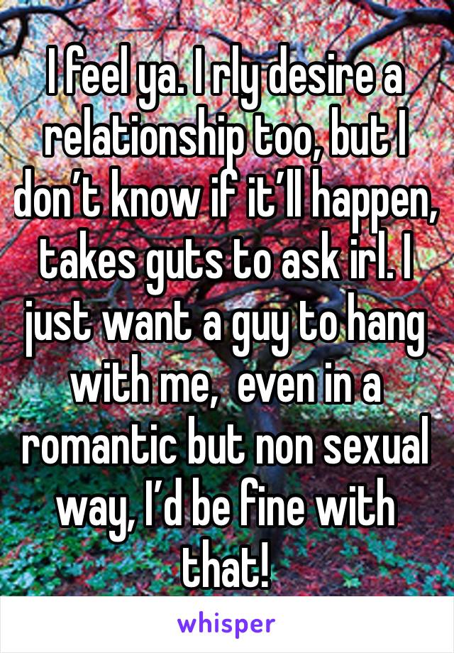 I feel ya. I rly desire a relationship too, but I don’t know if it’ll happen, takes guts to ask irl. I just want a guy to hang with me,  even in a romantic but non sexual way, I’d be fine with that! 