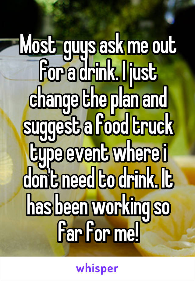 Most  guys ask me out for a drink. I just change the plan and suggest a food truck type event where i don't need to drink. It has been working so far for me!