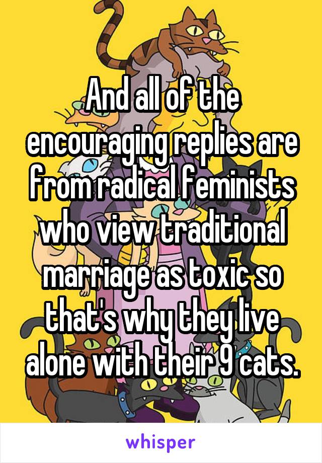 And all of the encouraging replies are from radical feminists who view traditional marriage as toxic so that's why they live alone with their 9 cats.