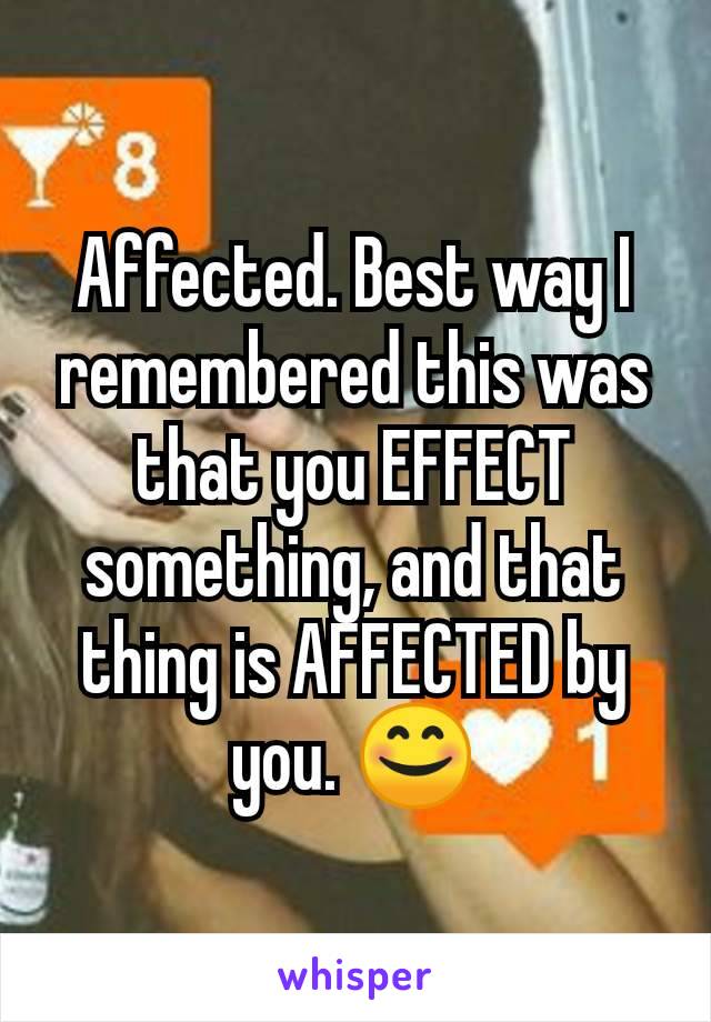 Affected. Best way I remembered this was that you EFFECT something, and that thing is AFFECTED by you. 😊