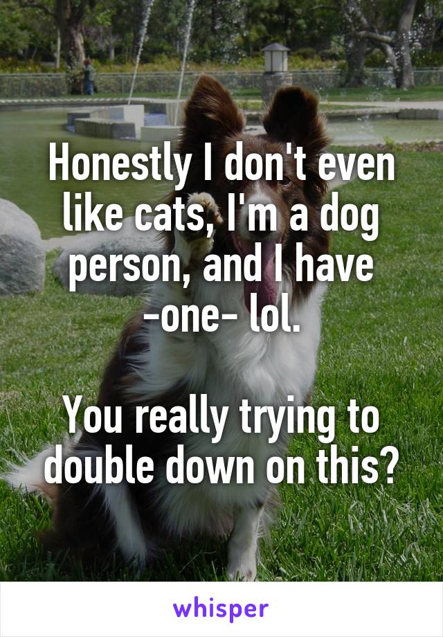 Honestly I don't even like cats, I'm a dog person, and I have -one- lol.

You really trying to double down on this?