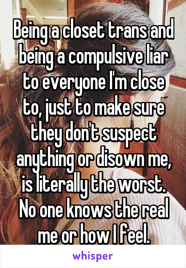 Being a closet trans and being a compulsive liar to everyone I'm close to, just to make sure they don't suspect anything or disown me, is literally the worst. No one knows the real me or how I feel.