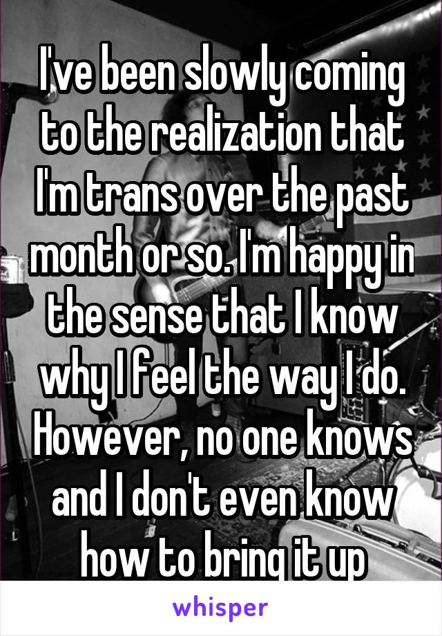 I've been slowly coming to the realization that I'm trans over the past month or so. I'm happy in the sense that I know why I feel the way I do. However, no one knows and I don't even know how to bring it up
