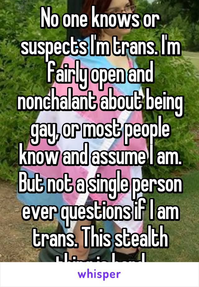 No one knows or suspects I'm trans. I'm fairly open and nonchalant about being gay, or most people know and assume I am. But not a single person ever questions if I am trans. This stealth thing is hard