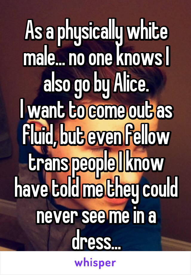 As a physically white male... no one knows I also go by Alice.
I want to come out as fluid, but even fellow trans people I know have told me they could never see me in a dress...