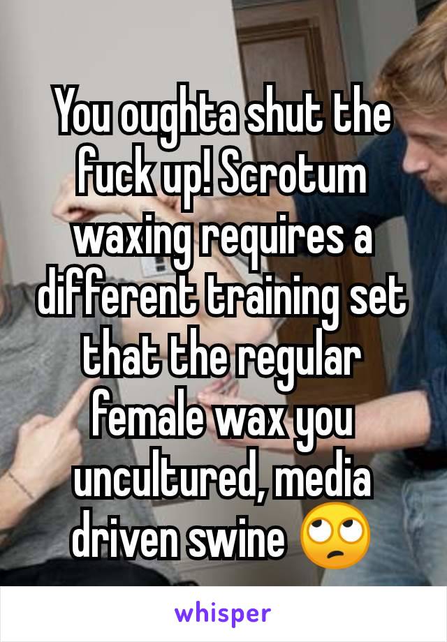 You oughta shut the fuck up! Scrotum waxing requires a different training set that the regular female wax you uncultured, media driven swine 🙄