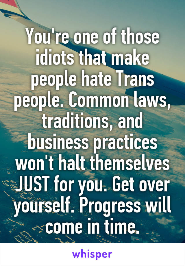 You're one of those idiots that make people hate Trans people. Common laws, traditions, and business practices won't halt themselves JUST for you. Get over yourself. Progress will come in time.