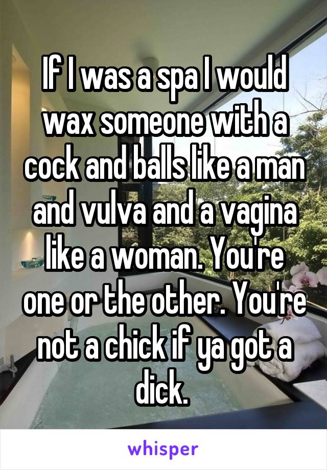 If I was a spa I would wax someone with a cock and balls like a man and vulva and a vagina like a woman. You're one or the other. You're not a chick if ya got a dick. 