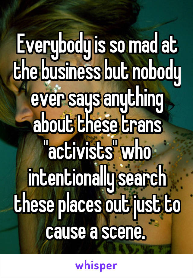 Everybody is so mad at the business but nobody ever says anything about these trans "activists" who intentionally search these places out just to cause a scene. 