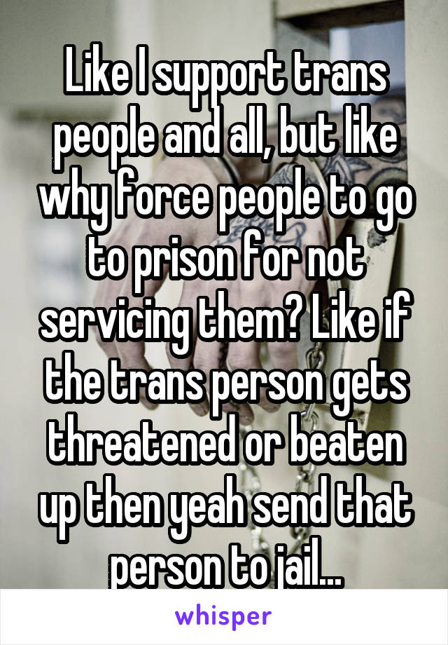 Like I support trans people and all, but like why force people to go to prison for not servicing them? Like if the trans person gets threatened or beaten up then yeah send that person to jail...