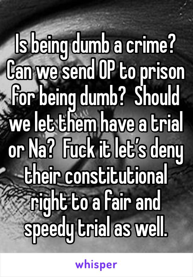 Is being dumb a crime?  Can we send OP to prison for being dumb?  Should we let them have a trial or Na?  Fuck it let’s deny their constitutional right to a fair and speedy trial as well.