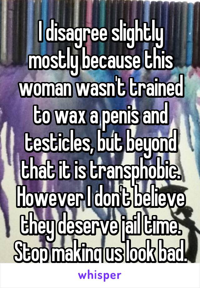 I disagree slightly mostly because this woman wasn't trained to wax a penis and testicles, but beyond that it is transphobic. However I don't believe they deserve jail time. Stop making us look bad.