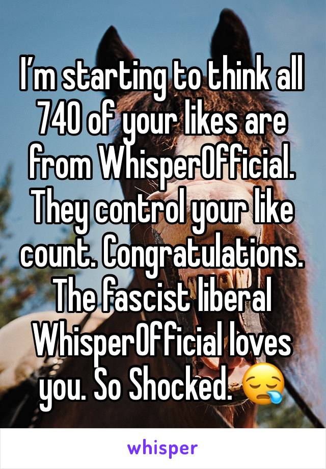 I’m starting to think all 740 of your likes are from WhisperOfficial. They control your like count. Congratulations. The fascist liberal WhisperOfficial loves you. So Shocked. 😪