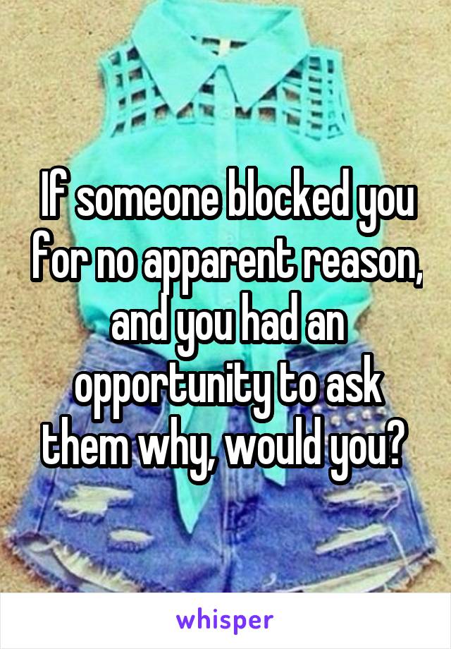 If someone blocked you for no apparent reason, and you had an opportunity to ask them why, would you? 