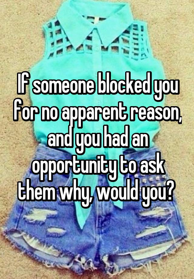 If someone blocked you for no apparent reason, and you had an opportunity to ask them why, would you? 