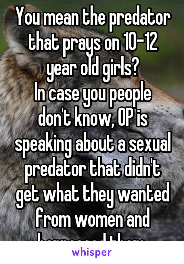 You mean the predator that prays on 10-12 year old girls?
In case you people don't know, OP is speaking about a sexual predator that didn't get what they wanted from women and harrassed them.