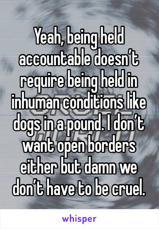 Yeah, being held accountable doesn’t require being held in inhuman conditions like dogs in a pound. I don’t want open borders either but damn we don’t have to be cruel. 