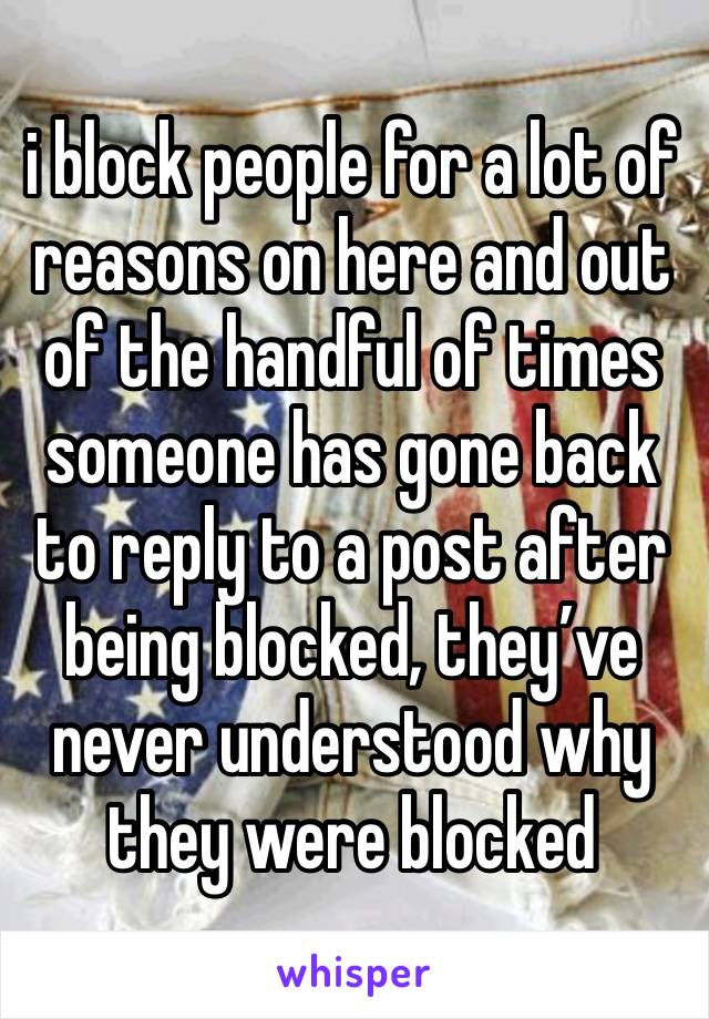 i block people for a lot of reasons on here and out of the handful of times someone has gone back to reply to a post after being blocked, they’ve never understood why they were blocked