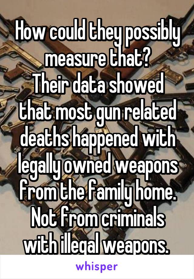 How could they possibly measure that?
Their data showed that most gun related deaths happened with legally owned weapons from the family home.
Not from criminals with illegal weapons. 