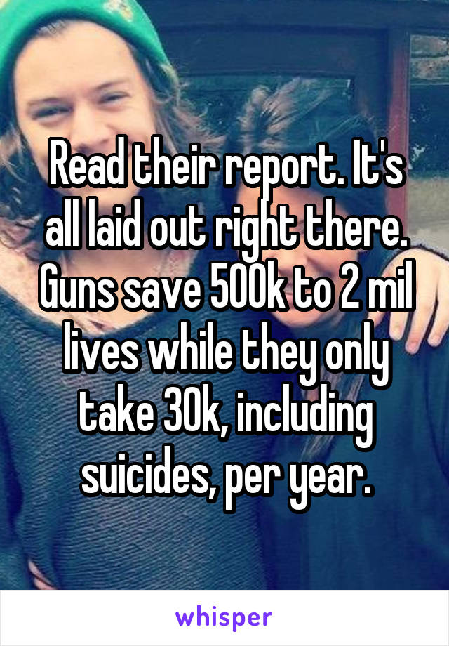 Read their report. It's all laid out right there. Guns save 500k to 2 mil lives while they only take 30k, including suicides, per year.