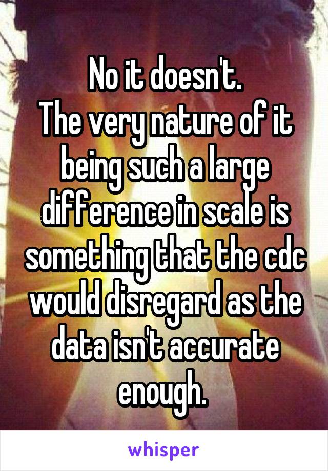 No it doesn't.
The very nature of it being such a large difference in scale is something that the cdc would disregard as the data isn't accurate enough. 