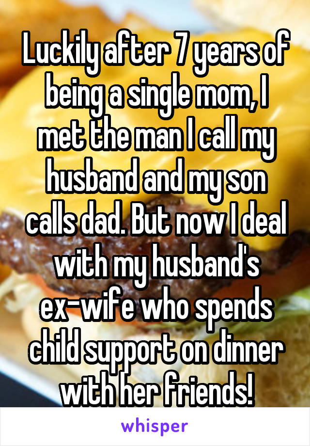 Luckily after 7 years of being a single mom, I met the man I call my husband and my son calls dad. But now I deal with my husband's ex-wife who spends child support on dinner with her friends!